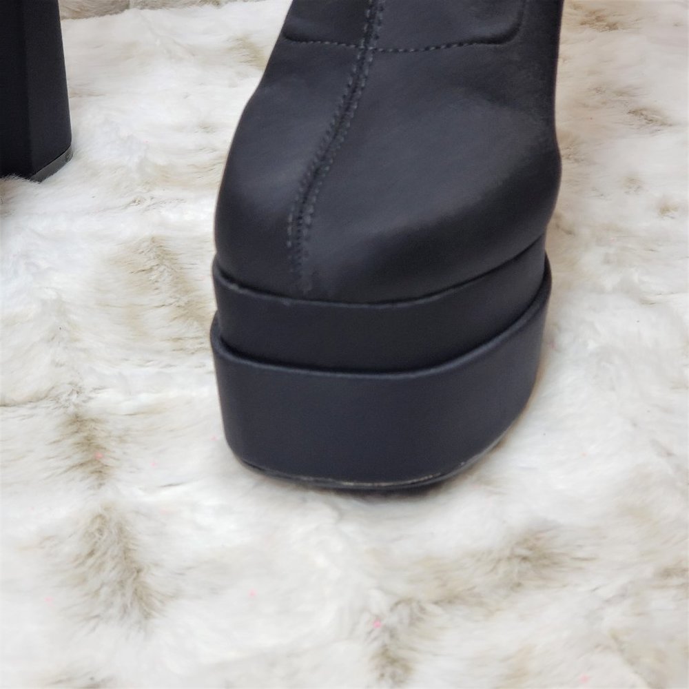 ☆ Stacked Black Stretch Leatherette Thigh High Chunky Heel Double Platform Boots - Picture 6 of 10